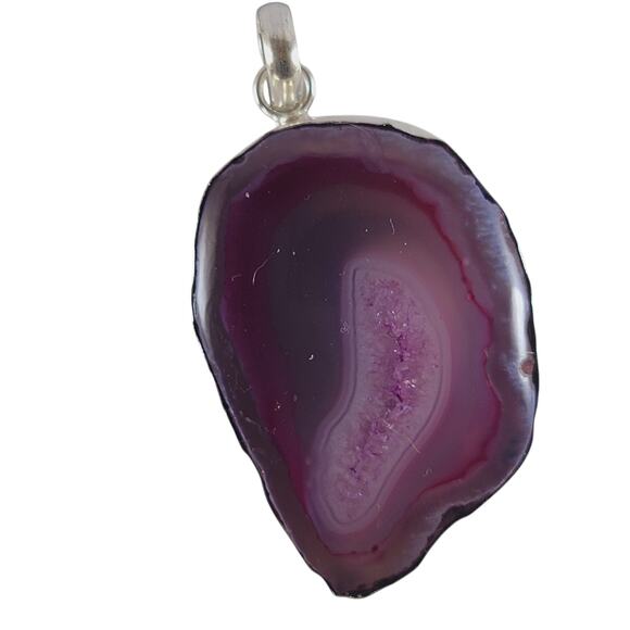Purple Agate Geode Pendant 2.25" Polished Slice Necklace in Silver Bezel - Picture 2 of 10
